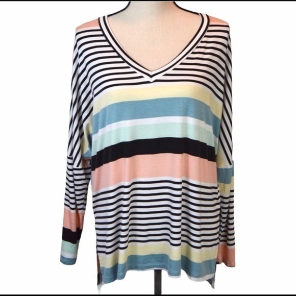 My Story Step Hem Dolman Sleeve Multi Color Striped Tunic Top, Large - Picture 1 of 8
